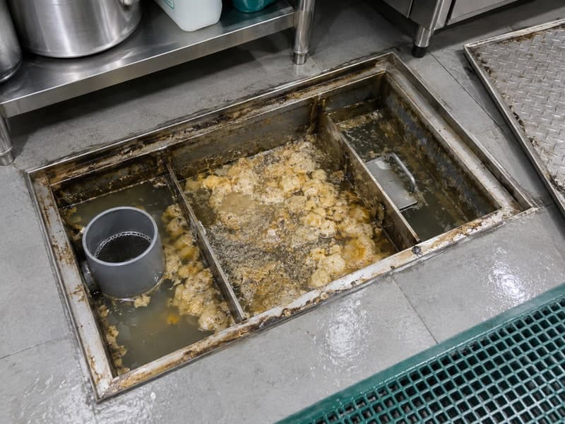 油脂や汚泥が溜まった清掃前のグリストラップ