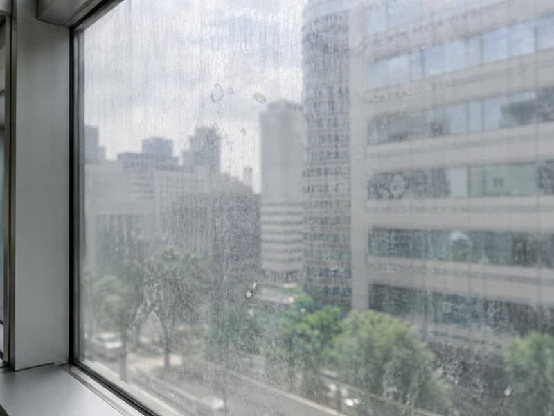 雨だれや手垢で曇った清掃前の窓ガラス