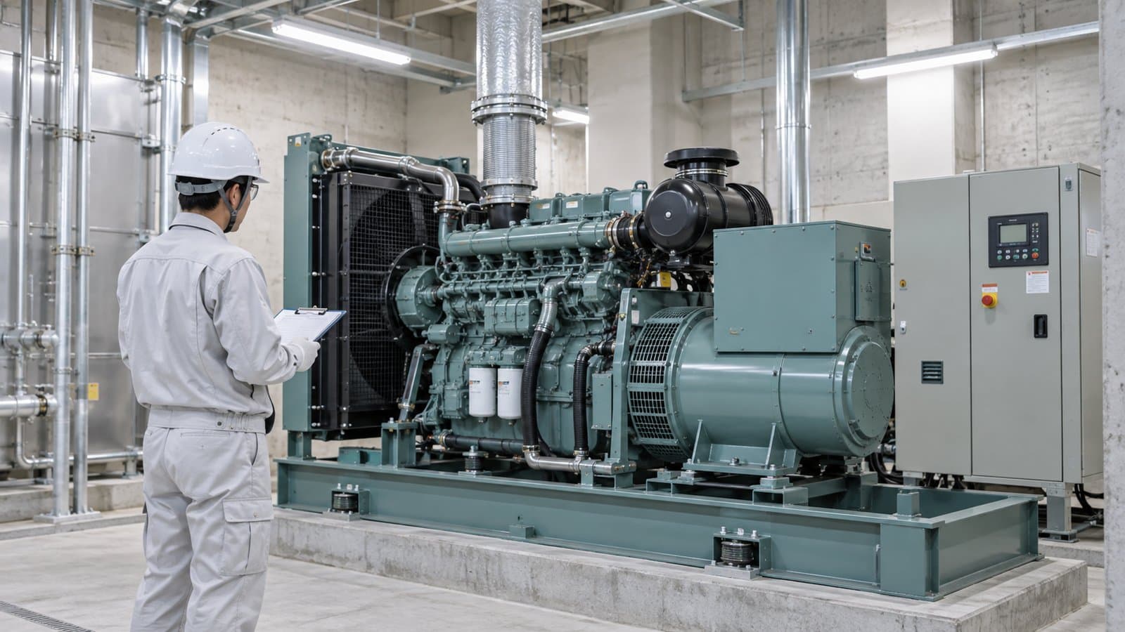 機械室で非常用自家発電設備を点検し、記録を確認する作業員のイメージ